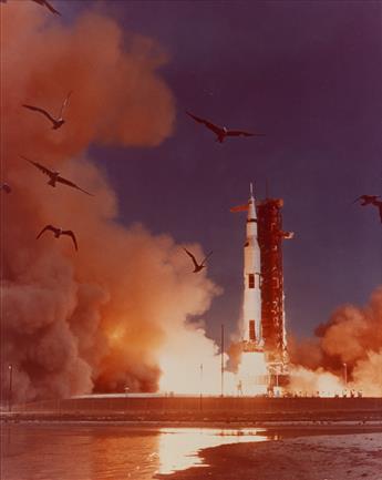 (MISSION TO THE MOON) Apollo Missions presentation album with 20 color photographs, including the iconic Blue Marble and Apollo 11.